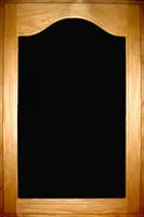 A black board with wooden frame on top of it.