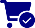 A blue shopping cart with an arrow pointing to it.