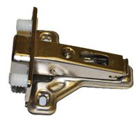 A close up of the side view of a cabinet hinge.